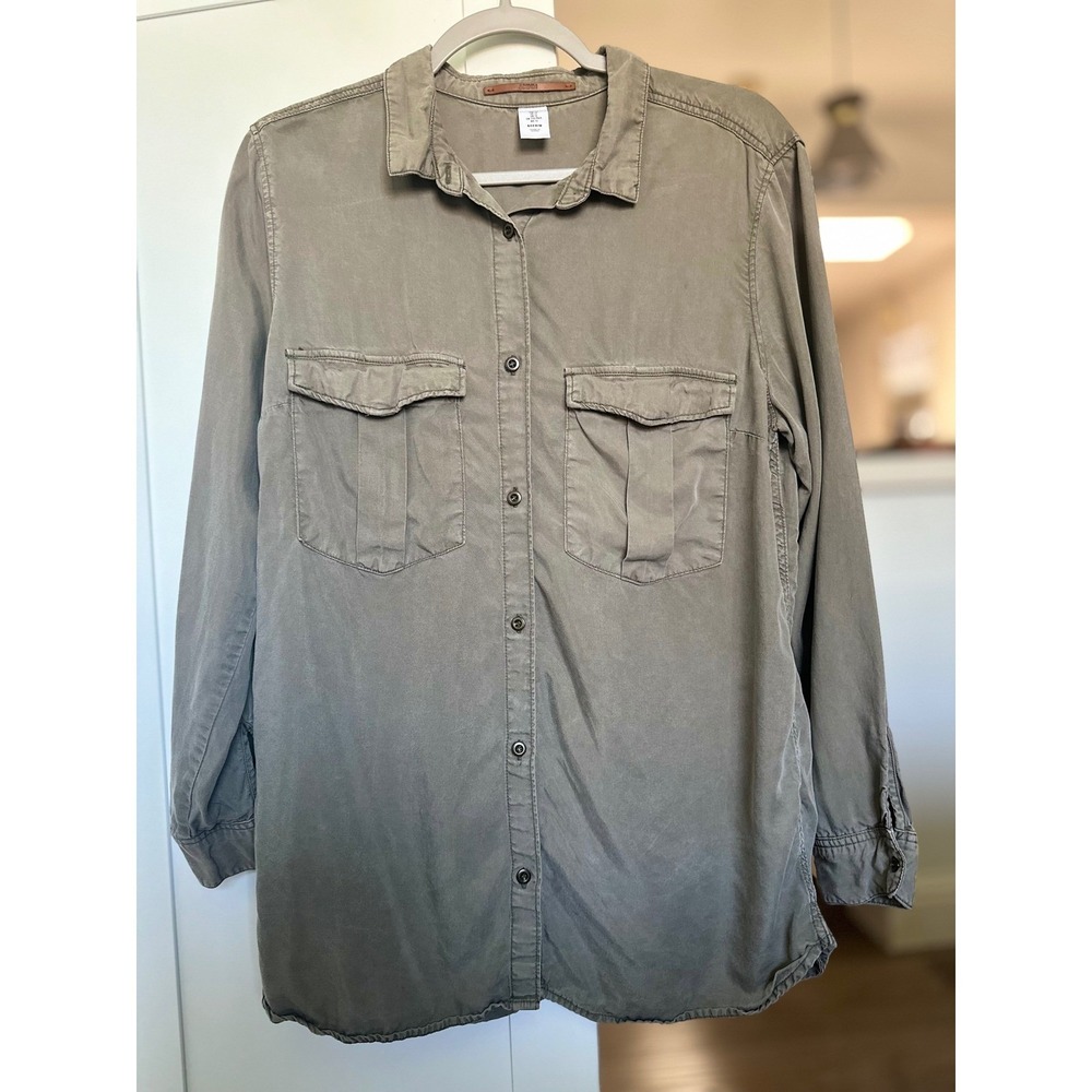 Olive Green Button Down Utility Shirt Grunge Country Cowgirl Streetwear Gorpcore